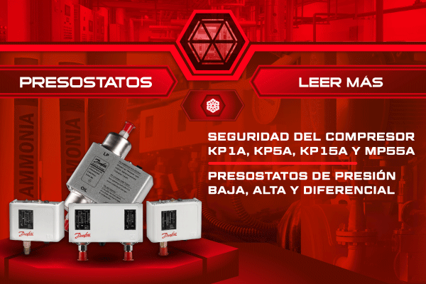 Presostatos Danfoss KP1A, KP5A, KP15A y MP55A para control de presión baja, alta y diferencial en la protección de compresores con amoníaco. Presostatos Danfoss KP1A, KP5A, KP15A y MP55A para control de presión baja, alta y diferencial en la protección de compresores con amoníaco.
