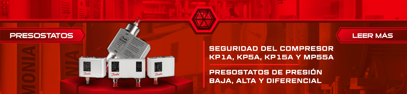 Presostatos Danfoss KP1A, KP5A, KP15A y MP55A para control de presión baja, alta y diferencial en la protección de compresores con amoníaco. Presostatos Danfoss KP1A, KP5A, KP15A y MP55A para control de presión baja, alta y diferencial en la protección de compresores con amoníaco.