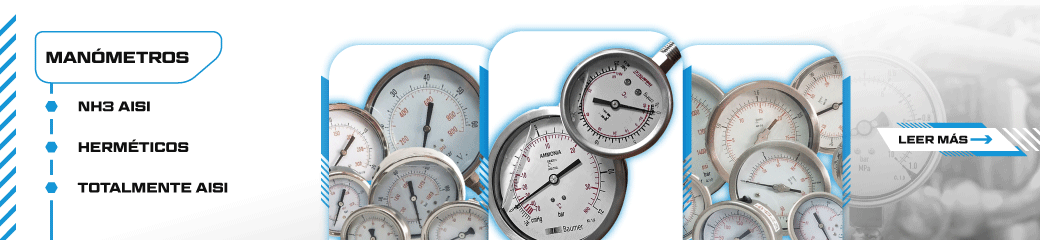 Manómetros para refrigeración industrial en distintas configuraciones, incluyendo modelos para NH3, herméticos y de acero inoxidable AISI, utilizados para medición de presión en sistemas frigoríficos Manómetros para refrigeración industrial en distintas configuraciones, incluyendo modelos para NH3, herméticos y de acero inoxidable AISI, utilizados para medición de presión en sistemas frigoríficos
