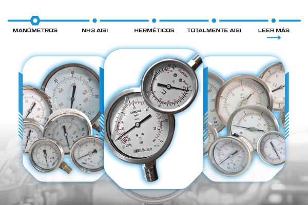Manómetros para refrigeración industrial en distintas configuraciones, incluyendo modelos para NH3, herméticos y de acero inoxidable AISI, utilizados para medición de presión en sistemas frigoríficos Manómetros para refrigeración industrial en distintas configuraciones, incluyendo modelos para NH3, herméticos y de acero inoxidable AISI, utilizados para medición de presión en sistemas frigoríficos