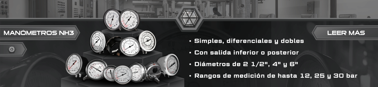 Manómetros aptos para NH₃ | Simples, diferenciales y dobles Conjunto de manómetros aptos para NH₃ en versiones simples, diferenciales y dobles de las marcas Tempress, Soluter y Baumer para aplicaciones de refrigeración industrial con amoníaco.