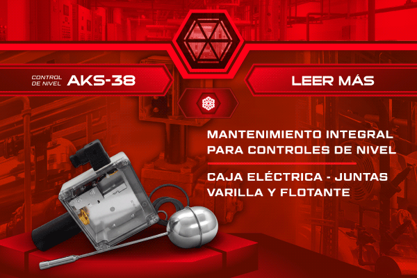Mantenimiento Integral para Control de Nivel Danfoss AKS-38 Imagen promocional de Pehuen Refrigeración Industrial sobre repuestos para controles de nivel Danfoss AKS 38. Se muestran una caja eléctrica transparente, juntas, varilla y flotante originales sobre un fondo de refrigeración industrial. El texto destaca la disponibilidad de repuestos para mantenimiento integral de controles de nivel AKS 38.