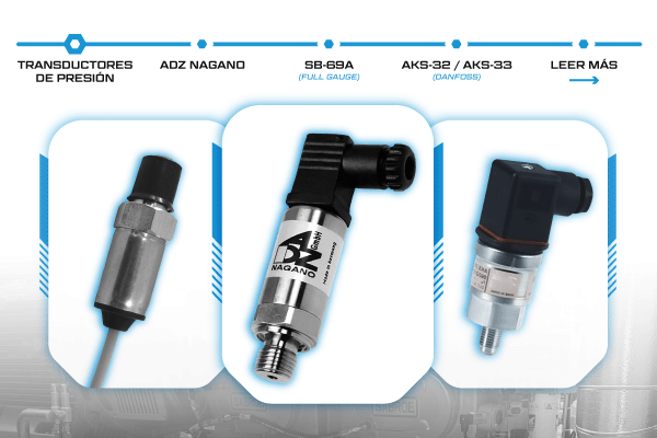 Transductores de presión para refrigeración industrial de ADZ Nagano, Full Gauge SB-69A y Danfoss AKS-32 / AKS-33, utilizados para medición y control de presión en sistemas frigoríficos. Transductores de presión para refrigeración industrial de ADZ Nagano, Full Gauge SB-69A y Danfoss AKS-32 / AKS-33, utilizados para medición y control de presión en sistemas frigoríficos.