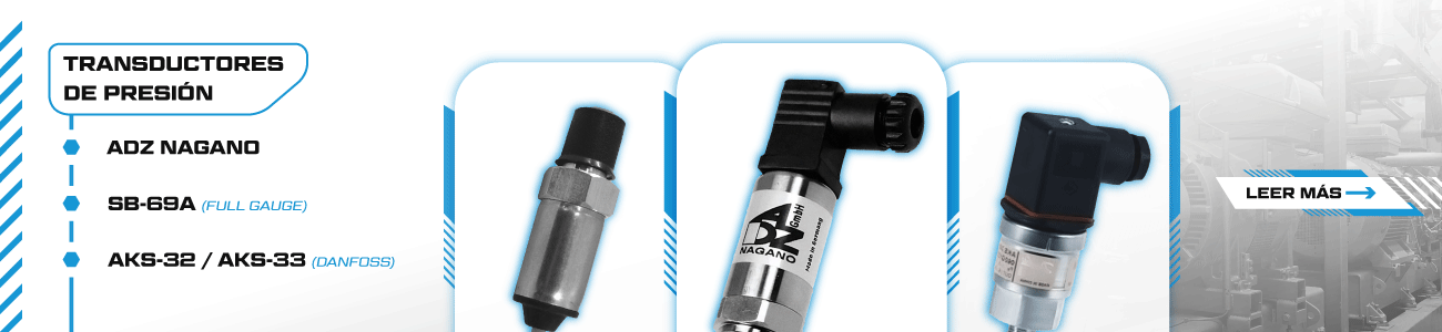 Transductores de presión para refrigeración industrial de ADZ Nagano, Full Gauge SB-69A y Danfoss AKS-32 / AKS-33, utilizados para medición y control de presión en sistemas frigoríficos. Transductores de presión para refrigeración industrial de ADZ Nagano, Full Gauge SB-69A y Danfoss AKS-32 / AKS-33, utilizados para medición y control de presión en sistemas frigoríficos.