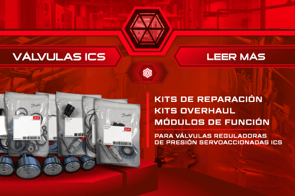 Válvulas ICS: repuestos para un mantenimiento integral Kits de reparación, kits overhaul y módulos de función Danfoss exhibidos frente a válvulas servoaccionadas ICS para mantenimiento en refrigeración industrial.