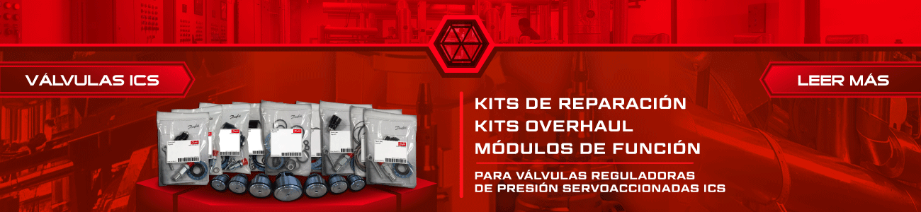 Válvulas ICS: repuestos para un mantenimiento integral Kits de reparación, kits overhaul y módulos de función Danfoss exhibidos frente a válvulas servoaccionadas ICS para mantenimiento en refrigeración industrial.