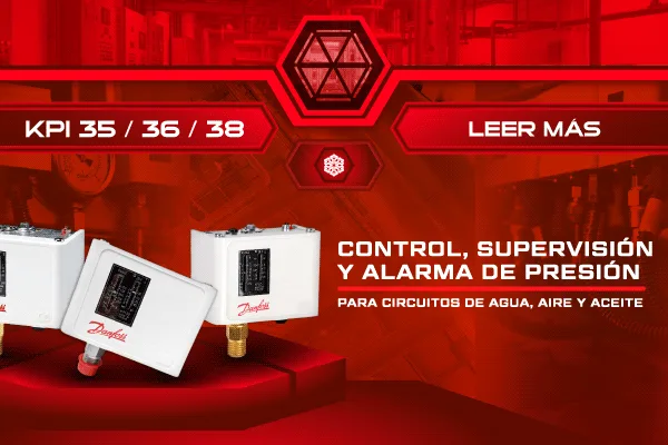 KPI 35, KPI 36 y KPI 38 de Danfoss Tres presostatos Danfoss KPI 35, KPI 36 y KPI 38 sobre un fondo industrial rojo. La gráfica los presenta para control, supervisión y alarma de presión en circuitos de agua, aire y aceite.