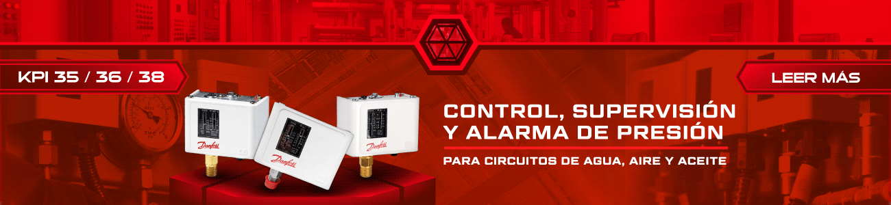 KPI 35, KPI 36 y KPI 38 de Danfoss Tres presostatos Danfoss KPI 35, KPI 36 y KPI 38 sobre un fondo industrial rojo. La gráfica los presenta para control, supervisión y alarma de presión en circuitos de agua, aire y aceite.