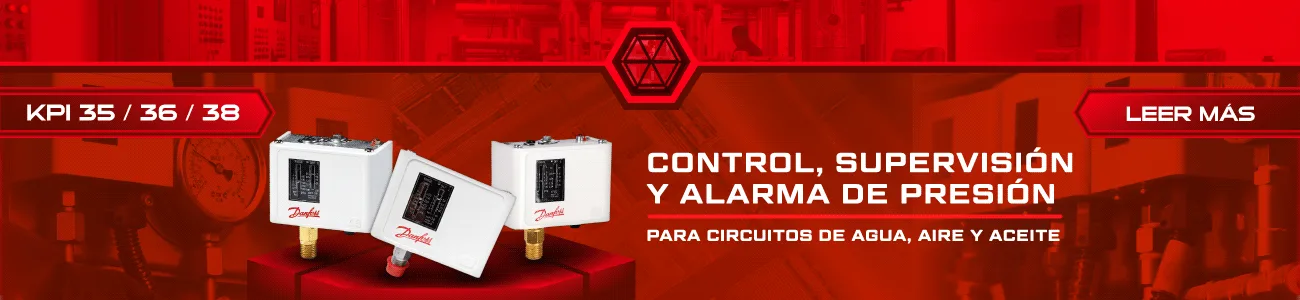 KPI 35, KPI 36 y KPI 38 de Danfoss Tres presostatos Danfoss KPI 35, KPI 36 y KPI 38 sobre un fondo industrial rojo. La gráfica los presenta para control, supervisión y alarma de presión en circuitos de agua, aire y aceite.
