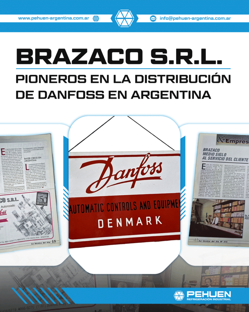Brazaco S.R.L. pioneros en la distribución de Danfoss en Argentina, collage con logo Danfoss y recortes de revista histórica del sector refrigeración