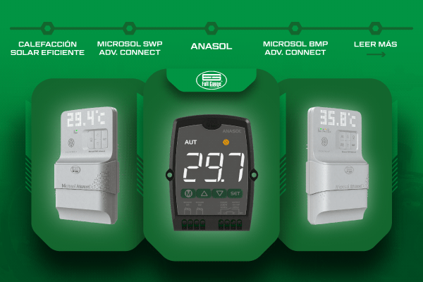 Termostatos diferenciales Full Gauge ANASOL, Microsol SWP y Microsol BMP para gestionar temperatura y bombas de circulación en calefacción solar.