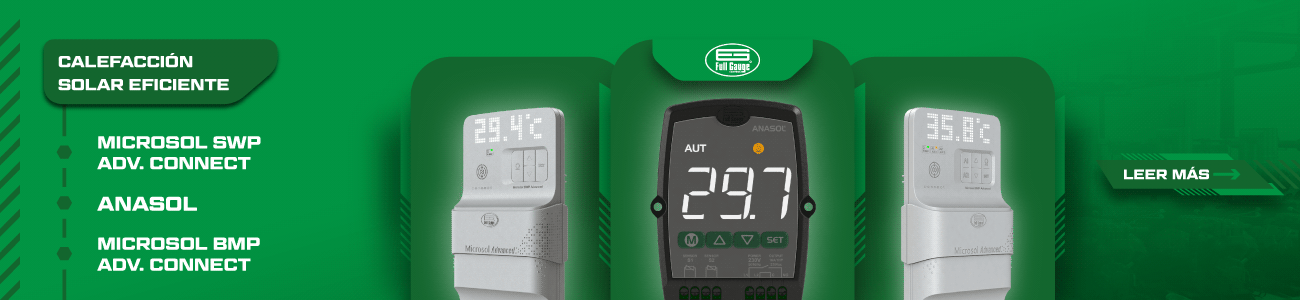 Termostatos diferenciales Full Gauge ANASOL, Microsol SWP y Microsol BMP para gestionar temperatura y bombas de circulación en calefacción solar.