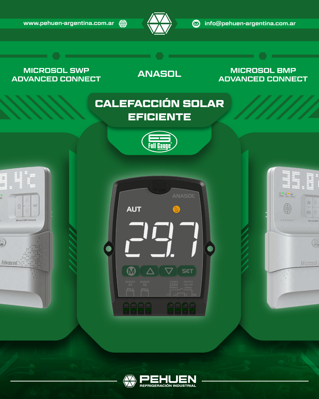 Termostatos diferenciales Full Gauge ANASOL, Microsol SWP y Microsol BMP para gestionar temperatura y bombas de circulación en calefacción solar.