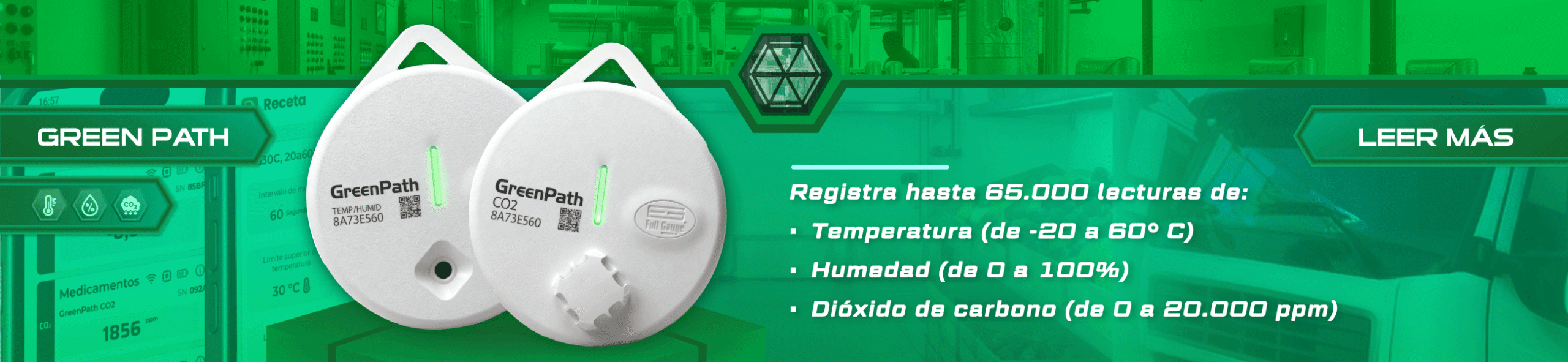 Sensores portátiles GreenPath (Full Gauge) de CO₂, temperatura y humedad