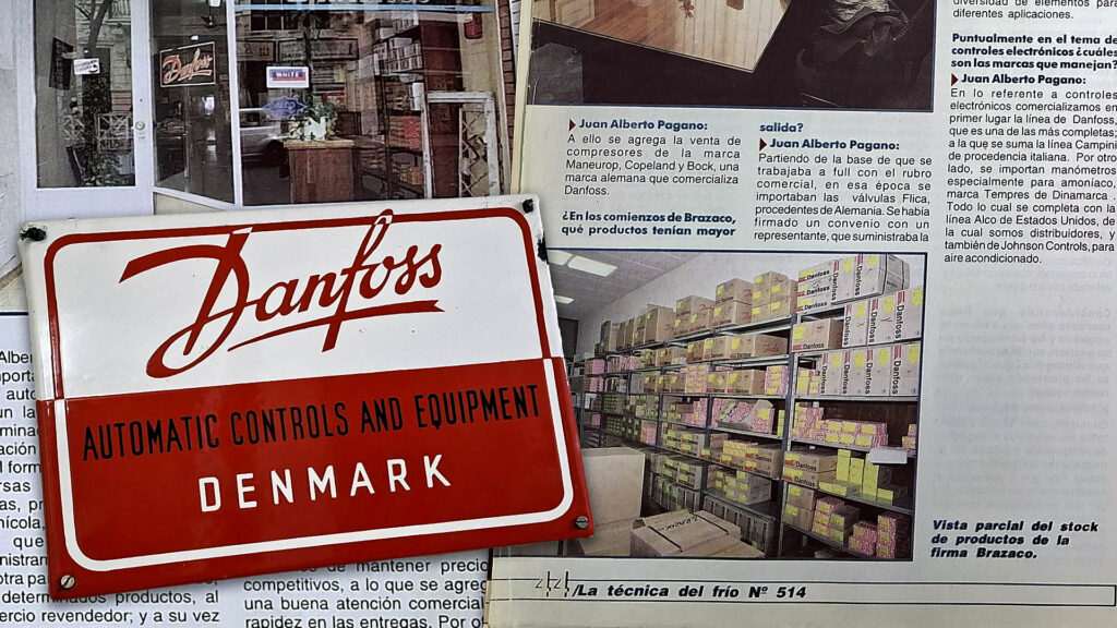 Local de Brazaco S.R.L. con logo de Danfoss, placa de distribuidor oficial de Danfoss en Argentina y recortes de revista histórica del sector refrigeración.