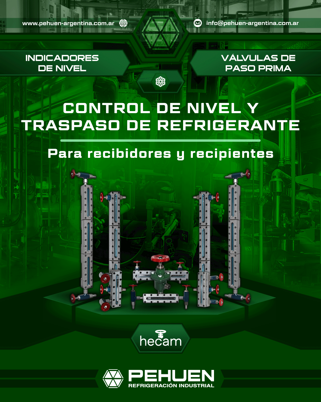Indicadores de nivel Hecam con salida trasera, superior y lateral junto a válvula de paso Prima para recibidores y recipientes de refrigeración industrial.
