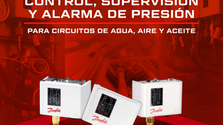 Tres presostatos Danfoss KPI 35, KPI 36 y KPI 38 sobre un fondo industrial rojo. La gráfica los presenta para control, supervisión y alarma de presión en circuitos de agua, aire y aceite.