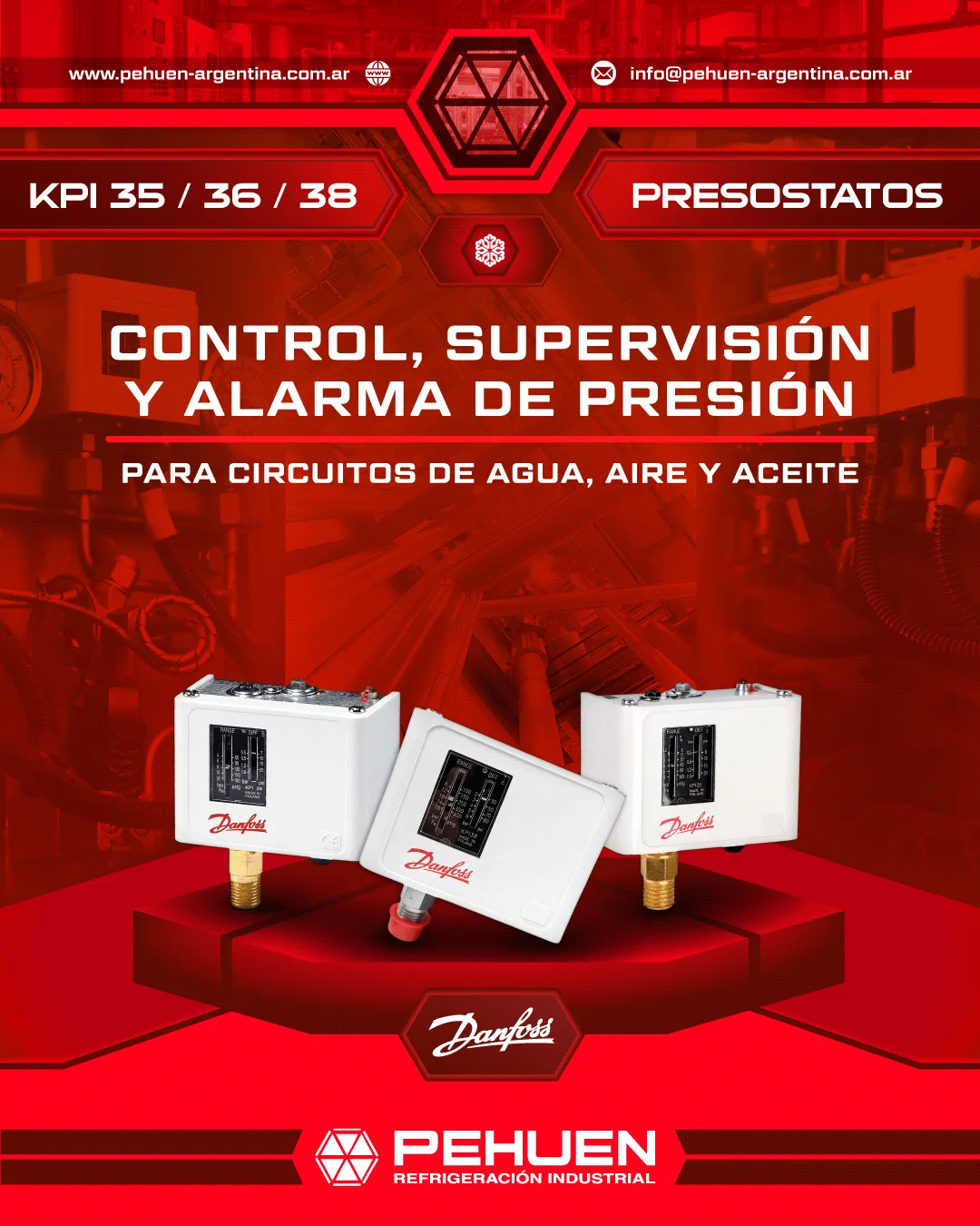 Tres presostatos Danfoss KPI 35, KPI 36 y KPI 38 sobre un fondo industrial rojo. La gráfica los presenta para control, supervisión y alarma de presión en circuitos de agua, aire y aceite.