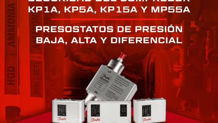 Presostatos Danfoss KP1A, KP5A, KP15A y MP55A para control de presión baja, alta y diferencial en la protección de compresores con amoníaco.