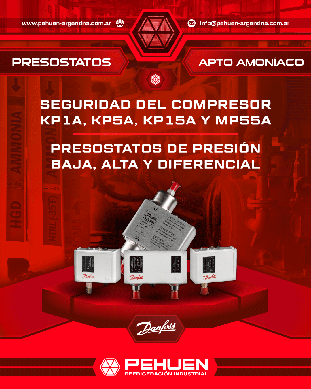 Presostatos Danfoss KP1A, KP5A, KP15A y MP55A para controlar presión baja, alta y diferencial en compresores que trabajan con amoníaco.