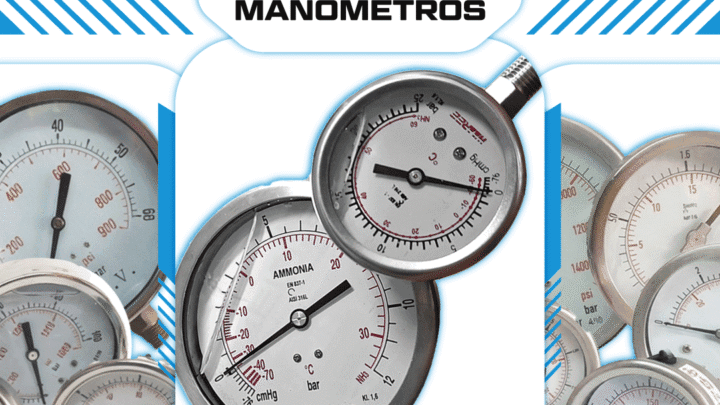 Manómetros para refrigeración industrial en distintas configuraciones, incluyendo modelos para NH3, herméticos y de acero inoxidable AISI, utilizados para medición de presión en sistemas frigoríficos