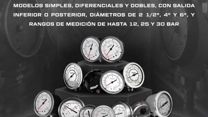Conjunto de manómetros aptos para NH₃ en versiones simples, diferenciales y dobles de las marcas Tempress, Soluter y Baumer para aplicaciones de refrigeración industrial con amoníaco.