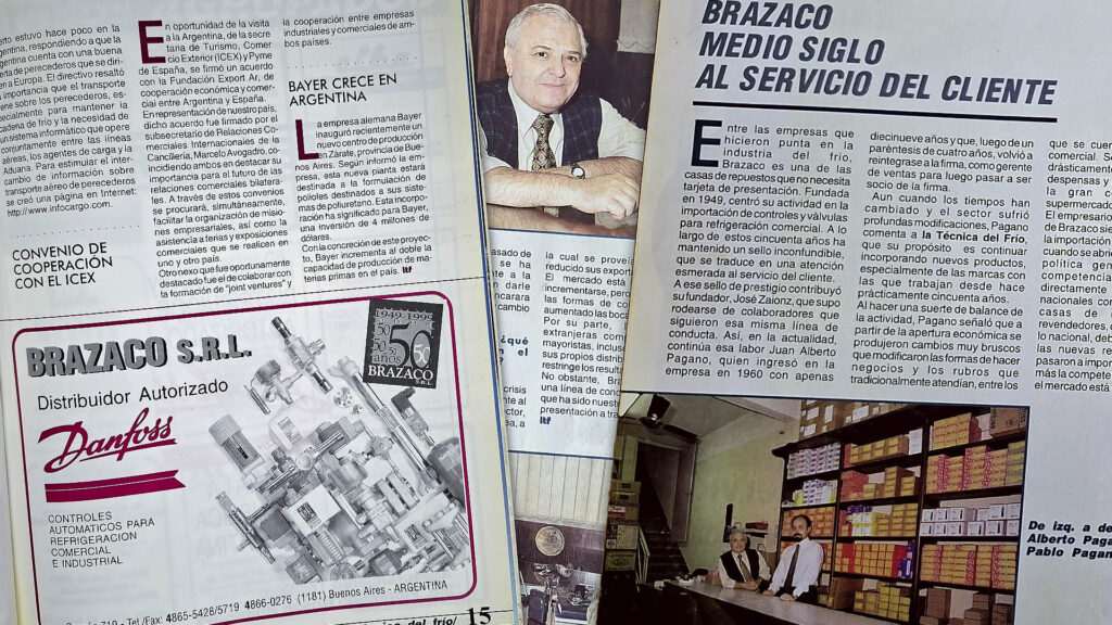 Archivo histórico de Brazaco como distribuidor autorizado Danfoss en Argentina, con nota de revista, aviso publicitario y fotografía del local y stock de repuestos