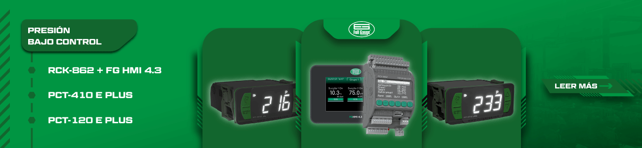 Controladores Full Gauge para monitoreo de presión y temperatura integrados con Sitrad Pro: RCK-862 con FG HMI 4.3, PCT-410E Plus y PCT-120E Plus para supervisión y gestión de sistemas industriales.