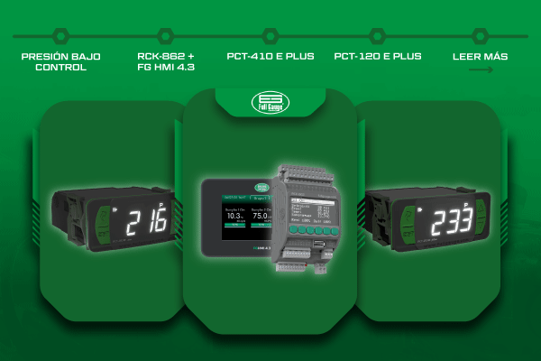 Controladores Full Gauge para monitoreo de presión y temperatura integrados con Sitrad Pro: RCK-862 con FG HMI 4.3, PCT-410E Plus y PCT-120E Plus para supervisión y gestión de sistemas industriales.
