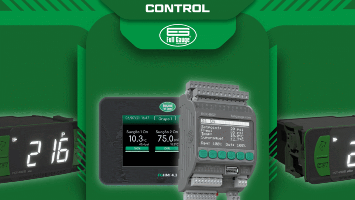 Controladores Full Gauge para monitoreo de presión y temperatura integrados con Sitrad Pro: RCK-862 con FG HMI 4.3, PCT-410E Plus y PCT-120E Plus para supervisión y gestión de sistemas industriales.