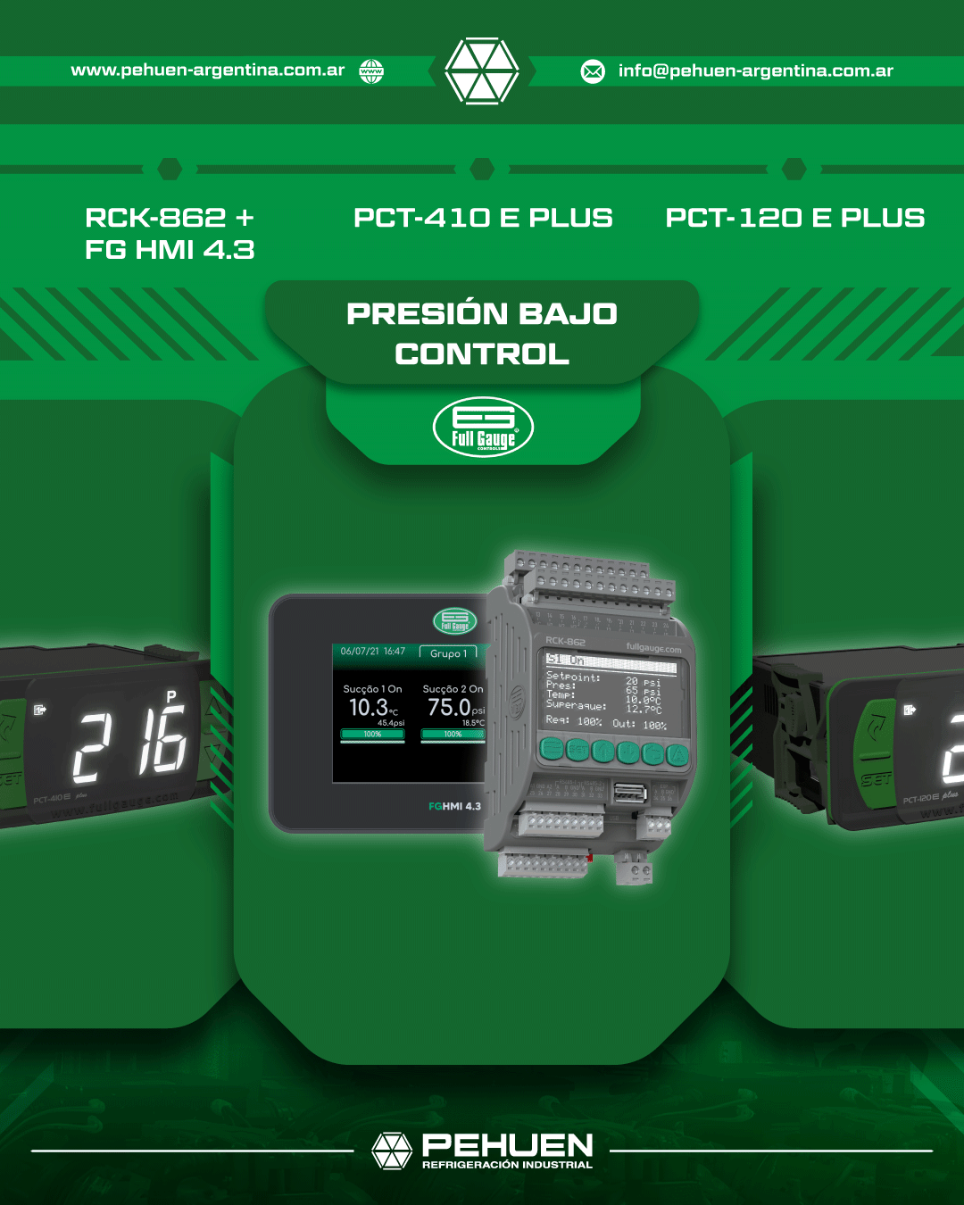 Controladores Full Gauge para monitoreo de presión y temperatura integrados con Sitrad Pro: RCK-862 con FG HMI 4.3, PCT-410E Plus y PCT-120E Plus para supervisión y gestión de sistemas industriales.