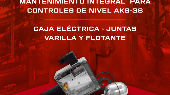 Imagen promocional de Pehuen Refrigeración Industrial sobre repuestos para controles de nivel Danfoss AKS 38. Se muestran una caja eléctrica transparente, juntas, varilla y flotante originales sobre un fondo de refrigeración industrial. El texto destaca la disponibilidad de repuestos para mantenimiento integral de controles de nivel AKS 38.