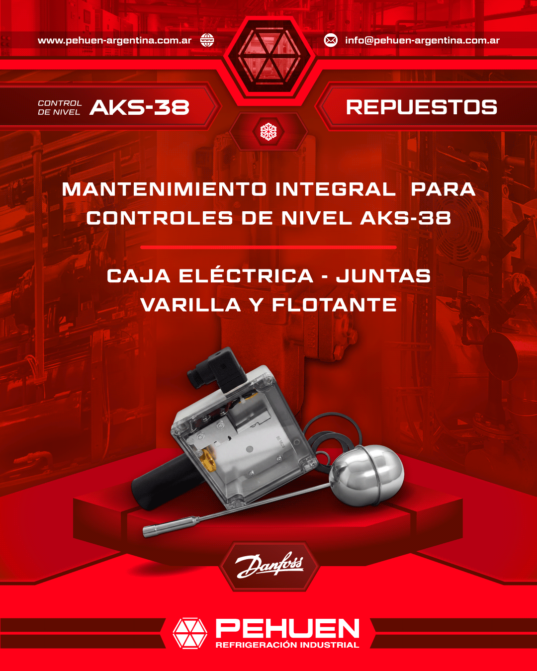 Imagen promocional de Pehuen Refrigeración Industrial sobre repuestos para controles de nivel Danfoss AKS 38. Se muestran una caja eléctrica transparente, juntas, varilla y flotante originales sobre un fondo de refrigeración industrial. El texto destaca la disponibilidad de repuestos para mantenimiento integral de controles de nivel AKS 38.