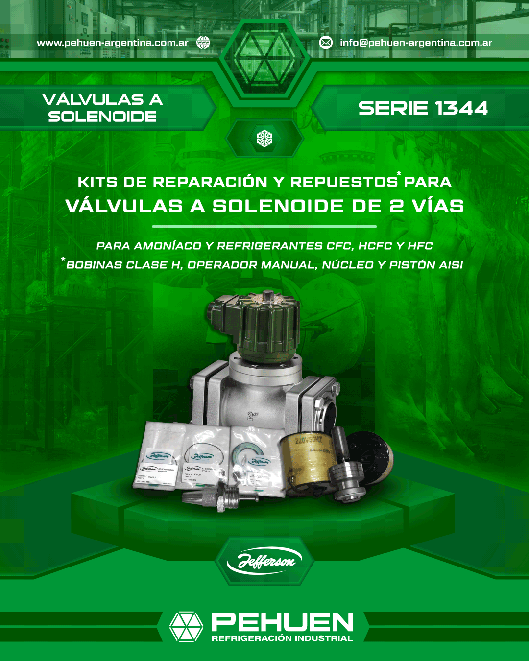 Válvula a solenoide Jefferson Serie 1344 junto a kits de reparación, bobina, operador manual, núcleo y conjunto de pistón para su mantenimiento.