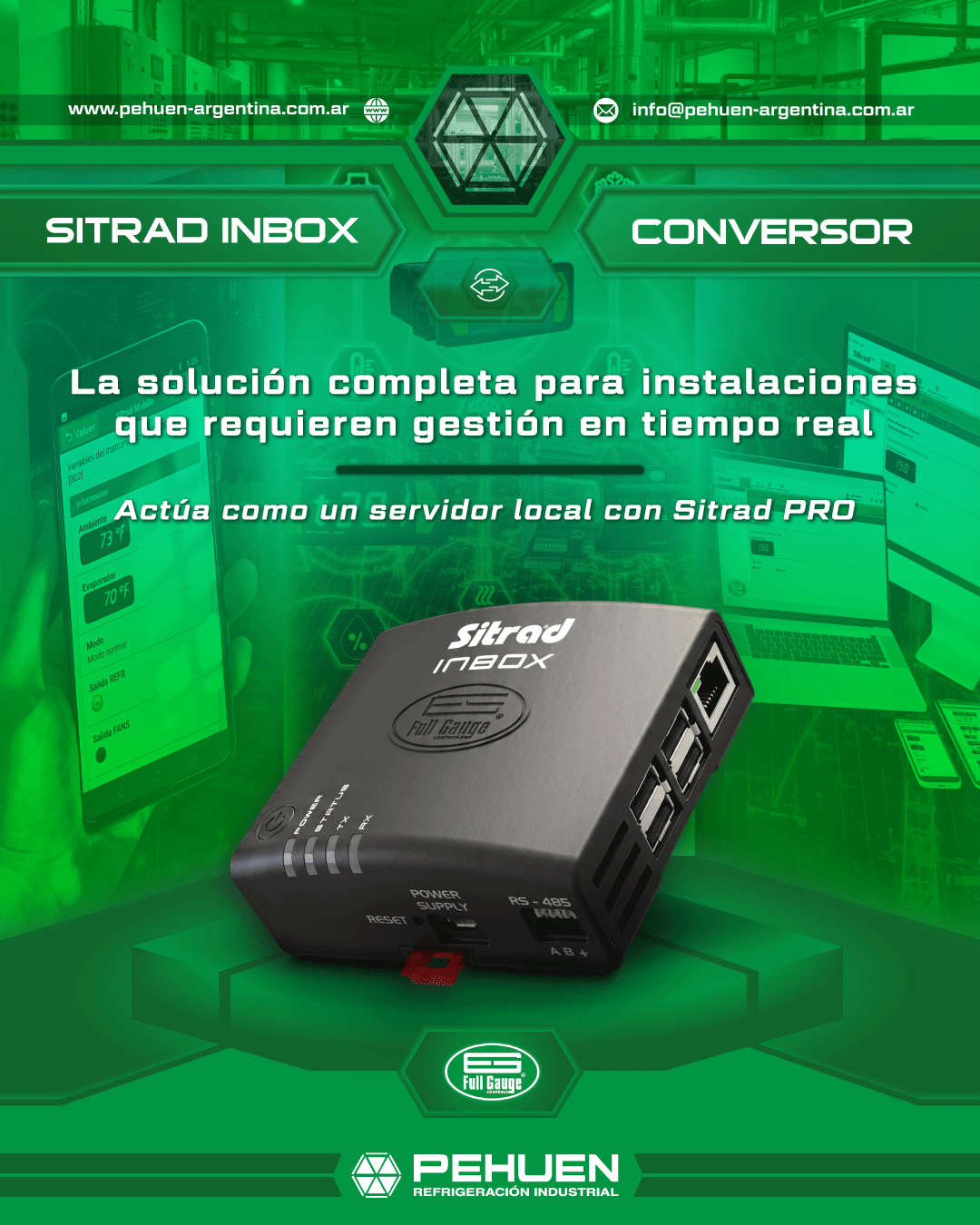 Imagen promocional del Sitrad InBox de Full Gauge para monitoreo remoto, supervisión centralizada y gestión de instalaciones industriales mediante Sitrad PRO.
