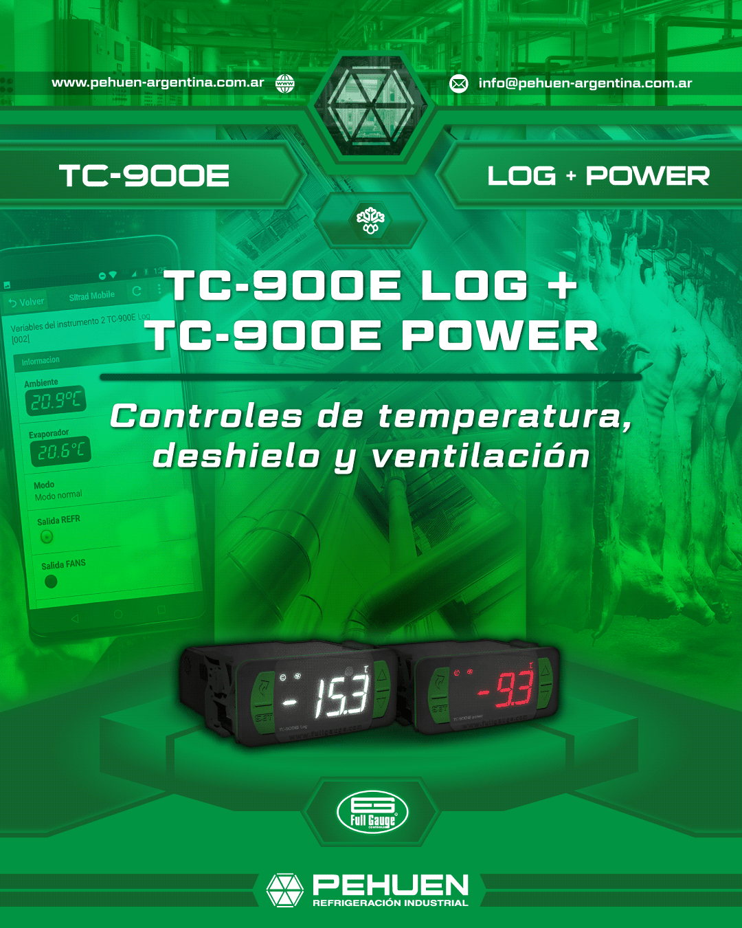 Controles Full Gauge TC-900E LOG y TC-900E Power para temperatura, deshielo y ventilación, sobre un fondo de instalaciones frigoríficas y una pantalla de Sitrad Mobile.