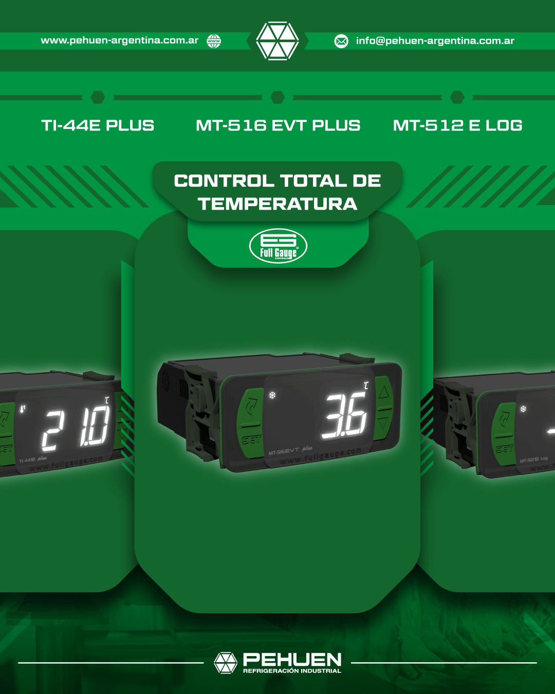 Controladores de temperatura Full Gauge TI-44E Plus, MT-516 EVT Plus y MT-512E Log integrados con Sitrad para monitoreo, visualización y control de temperatura en aplicaciones de refrigeración, calefacción e instalaciones industriales.