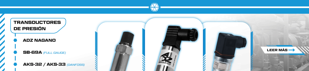 Transductores de presión para refrigeración industrial de ADZ Nagano, Full Gauge SB-69A y Danfoss AKS-32 / AKS-33, utilizados para medición y control de presión en sistemas frigoríficos.