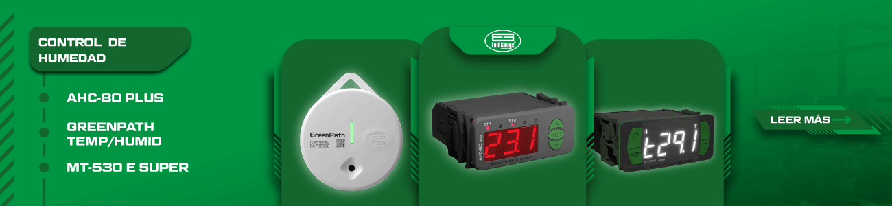 Soluciones Full Gauge AHC-80 Plus, GreenPath TEMP / HUMID y MT-530E Super para control, monitoreo y registro de humedad y temperatura en aplicaciones de refrigeración e industria.