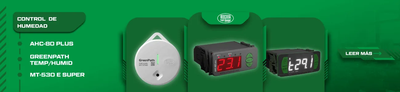 Soluciones Full Gauge AHC-80 Plus, GreenPath TEMP / HUMID y MT-530E Super para control, monitoreo y registro de humedad y temperatura en aplicaciones de refrigeración e industria.