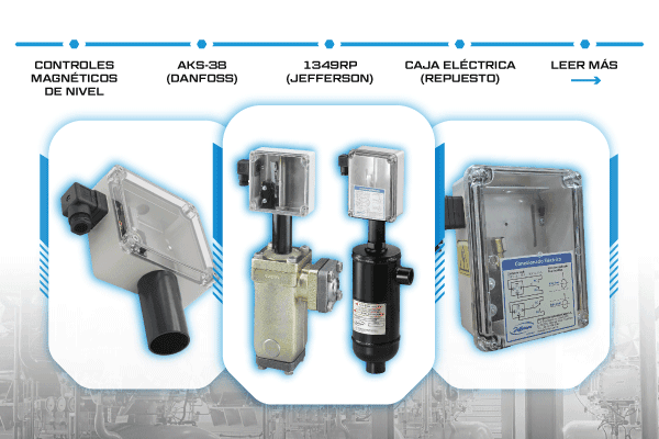 Controles magnéticos de nivel Danfoss AKS-38 y Jefferson 1349RP junto a cajas eléctricas de repuesto, utilizados para detección y control de nivel en sistemas de refrigeración industrial.