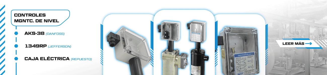 Controles magnéticos de nivel Danfoss AKS-38 y Jefferson 1349RP junto a cajas eléctricas de repuesto, utilizados para detección y control de nivel en sistemas de refrigeración industrial.