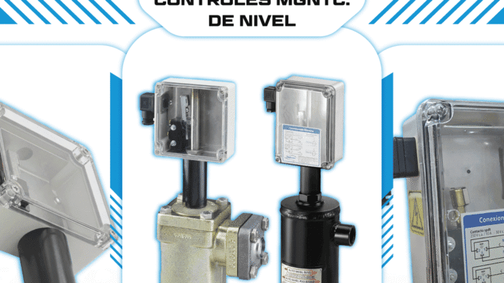 Controles magnéticos de nivel Danfoss AKS-38 y Jefferson 1349RP junto a cajas eléctricas de repuesto, utilizados para detección y control de nivel en sistemas de refrigeración industrial.