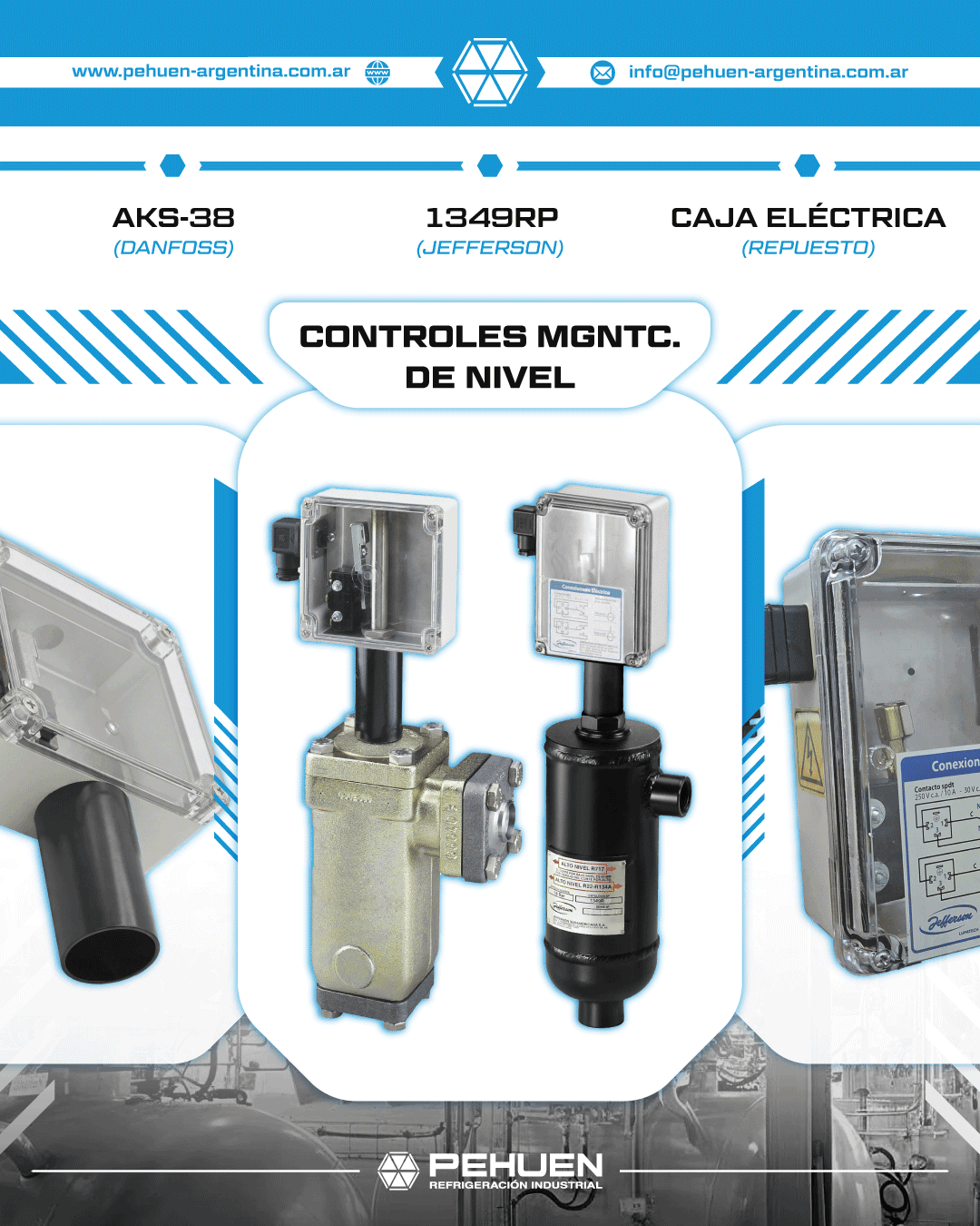 Controles magnéticos de nivel Danfoss AKS-38 y Jefferson 1349RP junto a cajas eléctricas de repuesto, utilizados para detección y control de nivel en sistemas de refrigeración industrial.