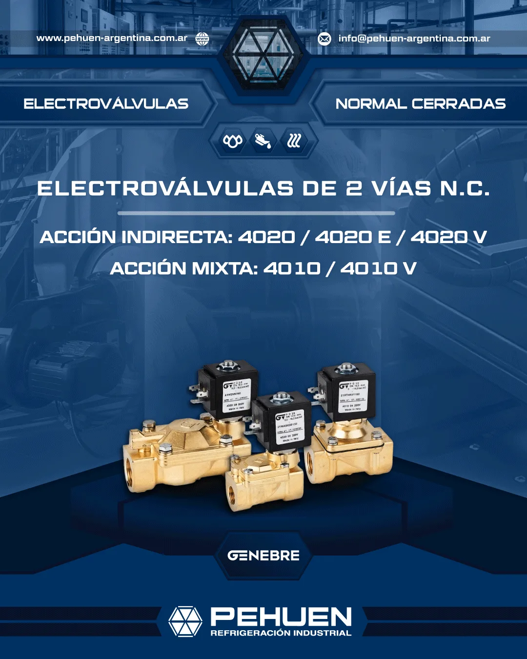 Electroválvulas Genebre de 2 vías normal cerrada (N.C.) de acción mixta Serie 4010 y acción indirecta Serie 4020 para automatización y control de fluidos en aplicaciones industriales.