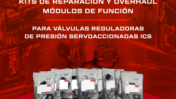 Kits de reparación, kits overhaul y módulos de función Danfoss exhibidos frente a válvulas servoaccionadas ICS para mantenimiento en refrigeración industrial.
