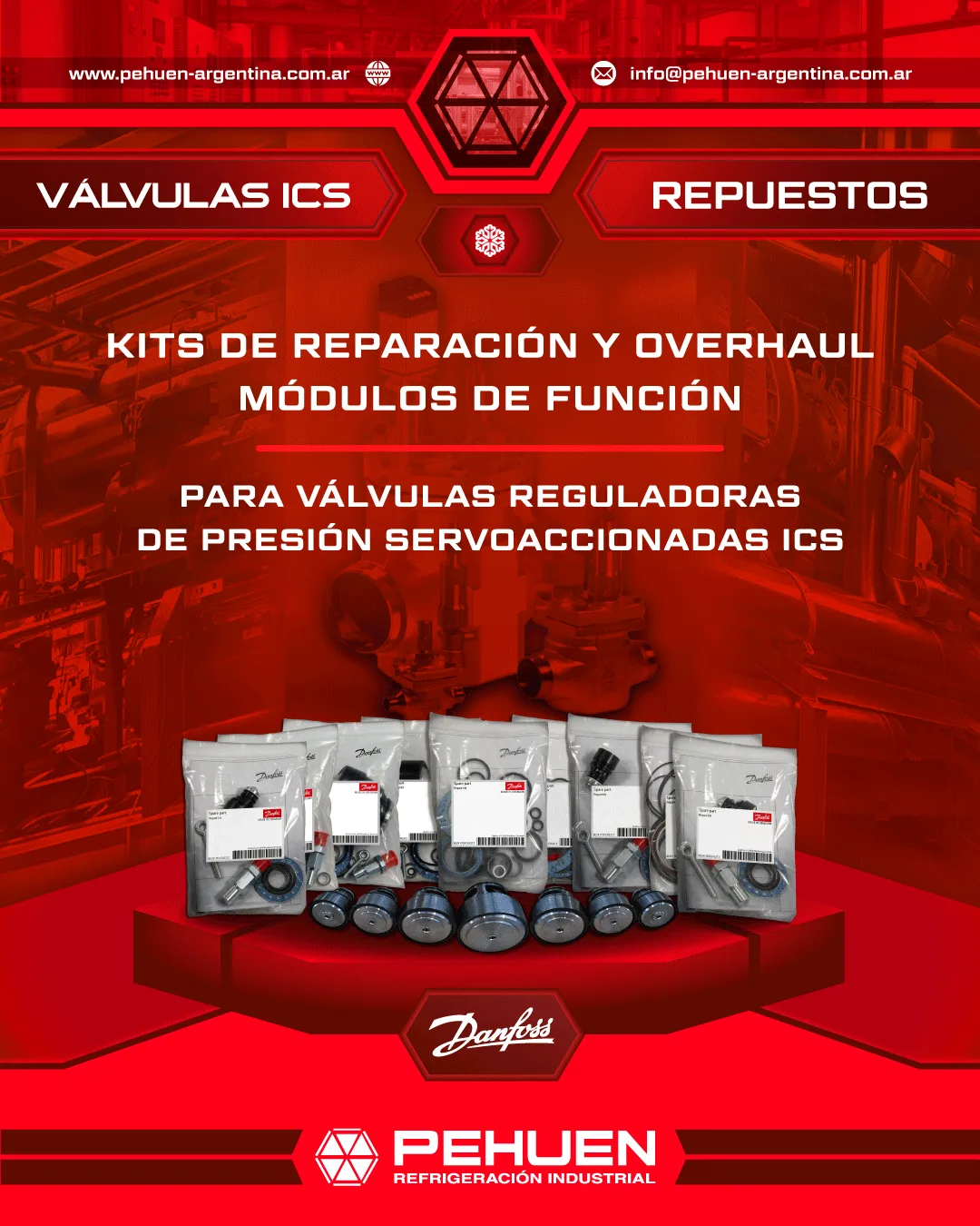 Kits de reparación, kits overhaul y módulos de función Danfoss exhibidos frente a válvulas servoaccionadas ICS para mantenimiento en refrigeración industrial.