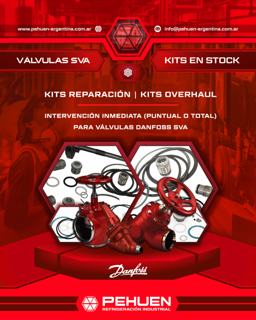 Kits de reparación y kits overhaul en stock para válvulas Danfoss SVA. Componentes para mantenimiento puntual o reparación completa en instalaciones de refrigeración industrial.