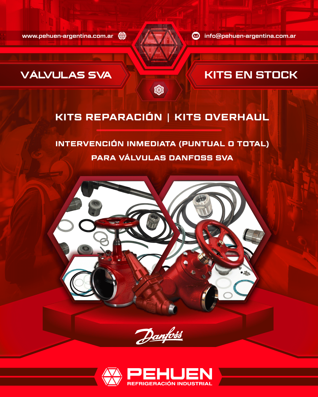 Kits de reparación y kits overhaul en stock para válvulas Danfoss SVA. Componentes para mantenimiento puntual o reparación completa en instalaciones de refrigeración industrial.