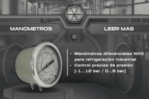 Banner de manómetros diferenciales para amoníaco (NH3) con rango de medición -1 a 12 bar y 0 a 6 bar para control de presión en sistemas de refrigeración industrial.
